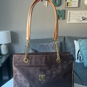 MCM Brown Monogram Tote with Gold Chain and Tan Leather Straps